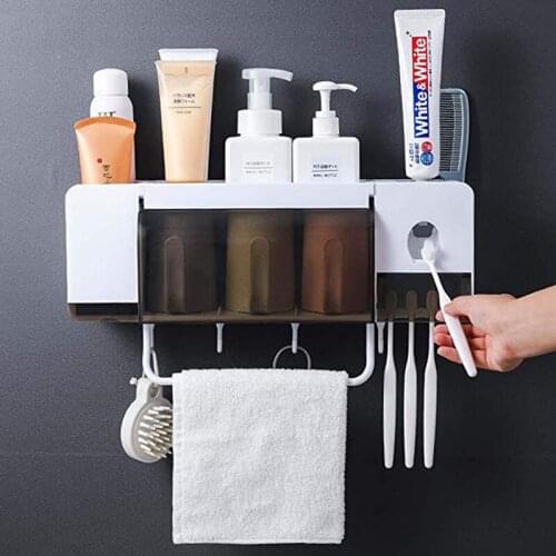 Wall-mounted Toothbrush Holder Automatic Toothpaste Squeezer With Cup Bathroom Accessories Storage Shelf Rack Bathroom Organizer