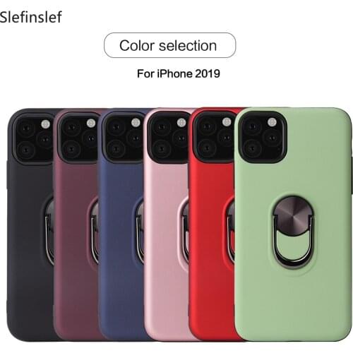 For iPhone 11 Pro Max Case 360 Degree Metal Plating Ring Holder Phone Case for iPhone 11 2019 Case Solid Color TPU Soft Cover