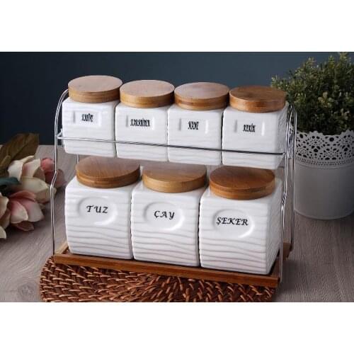 GÖNÜL 8 PIECES PORCELAIN SPICE G-592 kitchen mother seasoning set salt shaker pepper bowl tableware wooden bamboo