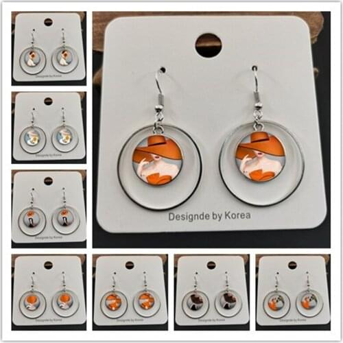 Fashion woman hat beautiful girl pattern glass cabochon earrings pictures exquisite gifts for modern women and girls earrings