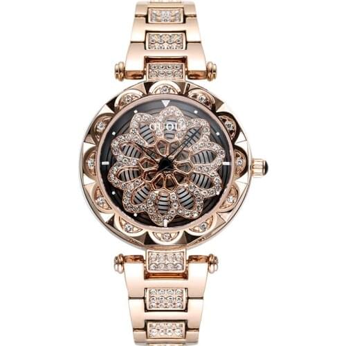 Fashion GUOU Women Luxury Flower Rotate Watch Waterproof Ladies Quartz WristWatches Rose Gold Steel Female Clock montre femme