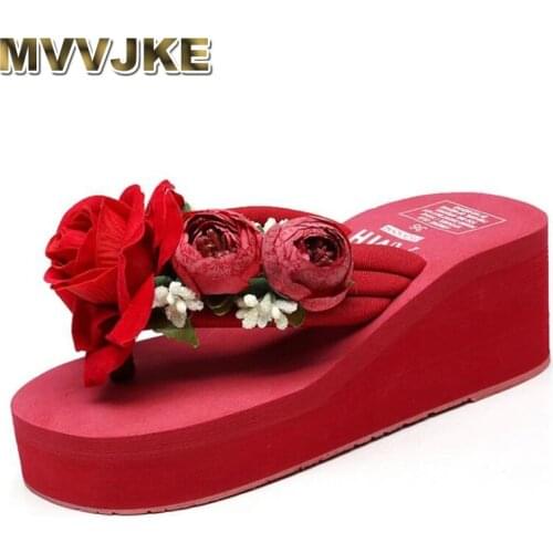 MVVJKE Handmade Flowers Woman Beach Flip Flops Summer Sandals Non-slip Slippers Platform Sandals Shoes Woman sandalia feminina