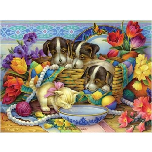 Full Embroidery Counted Cross Stitch Kits Needlework - Crafts 14 ct Aida DIY Arts Handmade Decor - Puppies And Kitten