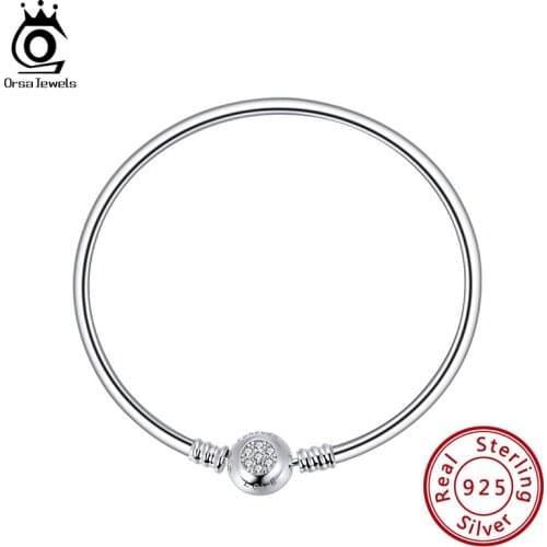 ORSA JEWELS 925 Sterling Silver Trendy Basic Original Charm Bangle & Bracelet with Clear CZ for Women DIY Luxury Jewelry CBB03