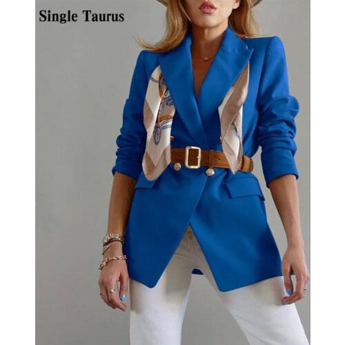 Fall Winter Female Slim-fit Fashion Casual Blazer Long Sleeve Office Ladies Tops Blue England Womens Blazer Clothes with Sashes