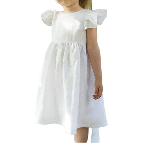 New Back Bow Kids Dress For Girls Toddler Summer Quality Outfit Cotton Linen Baptism Children Clothes