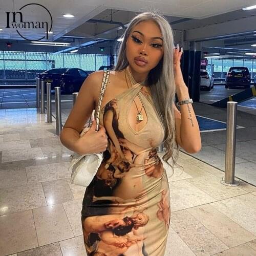INWOMAN Summer Sleeveless Backless Print Bodycon Halter Mini Dress Women Sexy Clubwear Sheath Dress Ladies Party Pencil Dresses