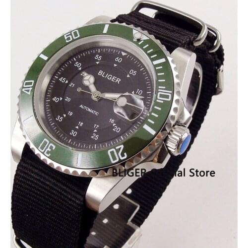 Casual BLIGER 40mm Black Dial Green Ceramic Bezel Luminous Pointer Sapphire Crystal Nylon Band Automatic Movement Mens Watch 13