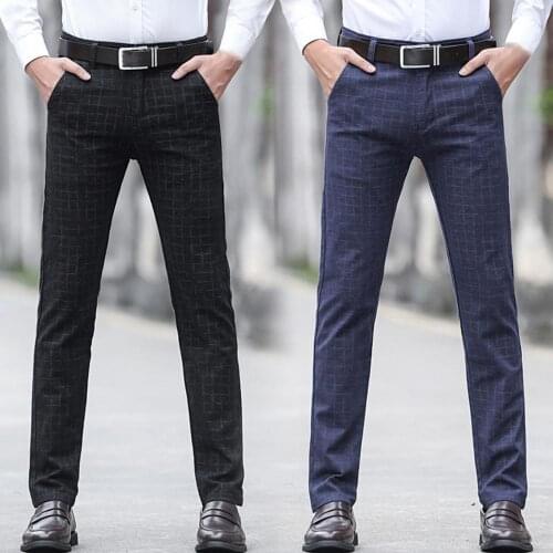 Dropshipping Men Autumn Winter Plaid Check Pocket Long Slim Trousers Office Dress Pants