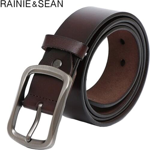 RAINIE SEAN Pin Buckle Belt For Trousers Vintage Real Leather Belt Coffee Waist Genuine Leather Cowhide Retro Jeans Belts 130cm