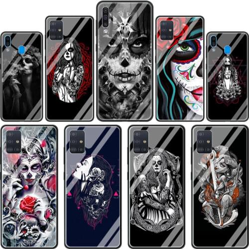 Skull Girl tattooed Art Glass Phone Case for Samsung Galaxy A51 A50 A71 A72 5G A70 A21s A31 M31 A30 A91 A40 A41 M51 Cover