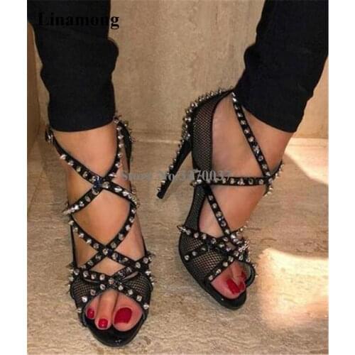 Brand Design Women Fashion Peep Toe Mesh Stiletto Heel Rivet Pumps Black Nude Strap Cross High Heels Formal Dress Shoes