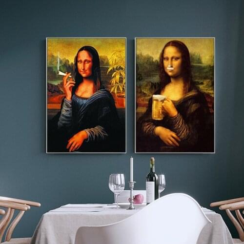 Funny Mona Lisa Drink and Smoking Canvas Painting Da Vinci Posters and Print Wall Art Picture Cuadros Home Decoration Room Decor