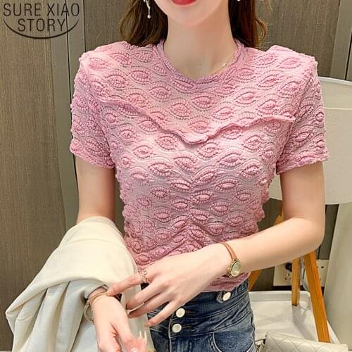 Hollow Out Pink Lace Blouses Office Lady Fashion O-neck Clothes Summer Elegant Short Sleeve Hook Flower Women Shirts Tops 15535