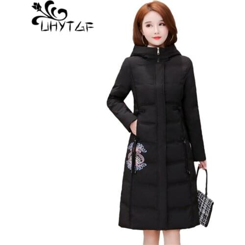 UHYTGF Womens Jacket Quality Down Cotton Warm Winter Coat Fashion Embroidery Casual 6XL Plus Size Outerwear Hooded Clothes 1142