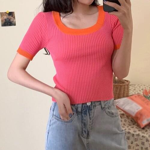Women Solid Knitted Casual Top Square Collar Exposed Collar Bone Slim Short Short-Sleeved Sweater T-Shirt Top