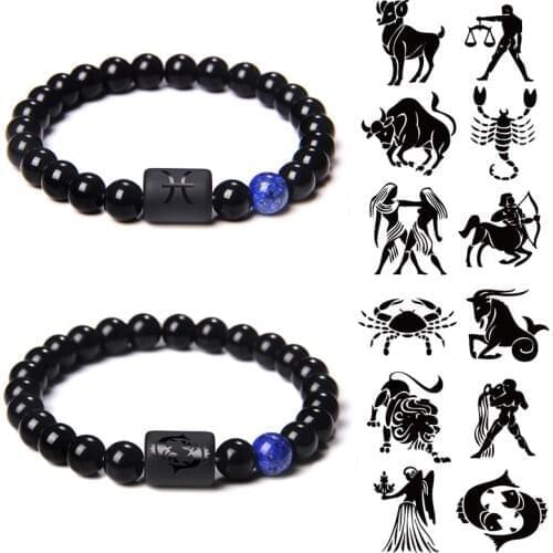 12 Constellation Zodiac Signs Beads Couples Bracelet Natural Black Onyx Stone Elastic Charm Bracelet for Women Men Birthday Gift