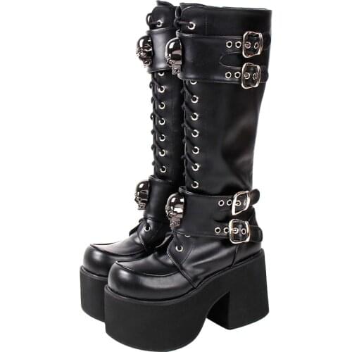 Angelic imprint Women motorcycle cool punk boots lady lolita wedges platform shoes woman Gothic high heels pumps 33-47 lace up