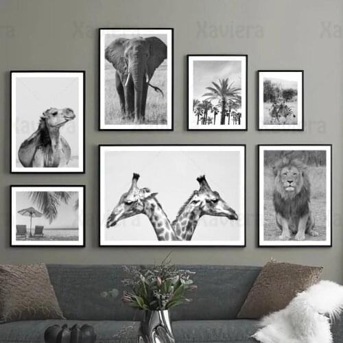 Black White Modern Decorative Painting Elephant Lion Giraffe Zebra Camel Beach Wall Art Canvas Poster Living Room Bedside Decor