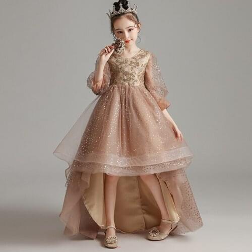 Flower Girl Dress Illusion Three Quarter Sequined Beading Embroidery O-Neck Princess Knee-Length Tulle Lace Kids Party Gown H311