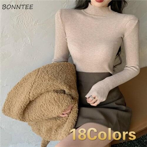 Long Sleeve T-shirts Women Autumn Knitted Half Turtleneck Slim Casual Tshirts Elegant Lady Solid Simple Warm Skinny Female Tops