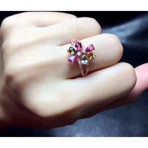 Natural Multicolor tourmaline Ring Natural gemstone ring S925 sterling silver trendy Elegant Flower women girl party Jewelry