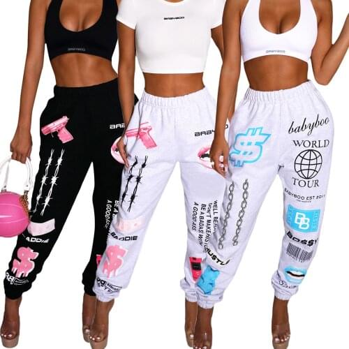 New Fashion Ladies Personalized Ankle Banded Pants Girls Autumn Leisure Style Creative Lip/Letter/Dragon Printing Long Trousers