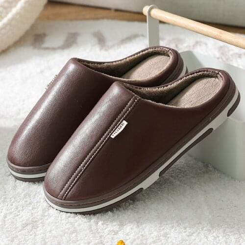 Mens Slippers Waterproof Men Slippers Leather Velvet Short Plush Indoor Fur Slippers Large Size Couple Shoes for Home