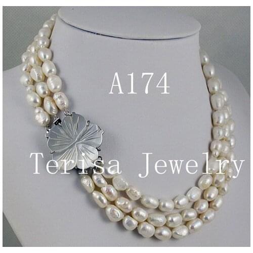 Pearl Necklace Triple Rows 17-20 Inches Genuine Freshwater Pearl Necklace Fashion Ladys Party Gift Jewelry New Free Shippin