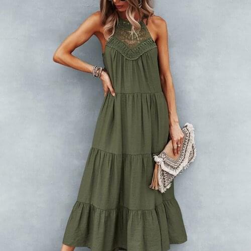 Halter Dress Women Soft Bohemian Solid Color Casual Dress Vintage Club Hollow Out Maxi Dress For Women Elegant Female Outfits