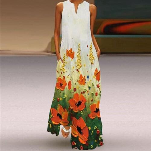 Flower Printed V-neck Maxi Dress Women Summer 2021 Sleeveless Boho Beach Dresses Woman Backless Loose Linen Female Vestidos