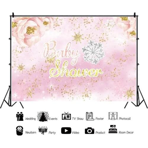 Pink Flowers Shiny Gold Baby Shower Cartoon Backdrops Kids Photography Birthday Party Photos Background for Shooting Decor