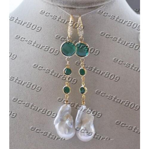 Z11367 3.5" 28mm White Baroque Keshi Reborn Pearl Green CZ Chain Dangle Earring
