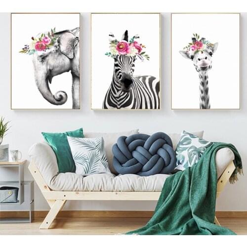 Nordic Cute flowers Animal Giraffe Zebra And Elephant Canvas Painting Art Abstract Picture of Rhinestone Home DecorationZP-1546