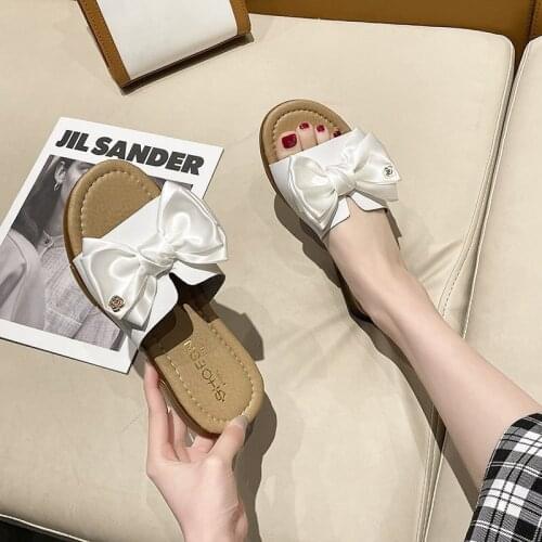 Summer Ladies Flat Slippers Non-slip Oversized Bow Decorative Leather Outdoor Slippers Ladies Open Toe Beach Shoes Women Shoes