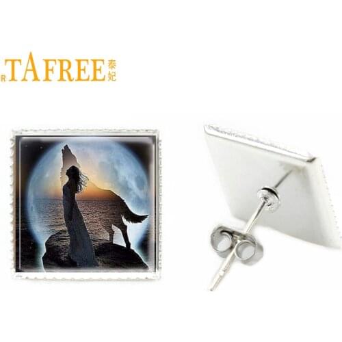 TAFREE top vivid tiger square stud earrings beautiful women and wolf silver plated fashion stud earrings jewlery E365