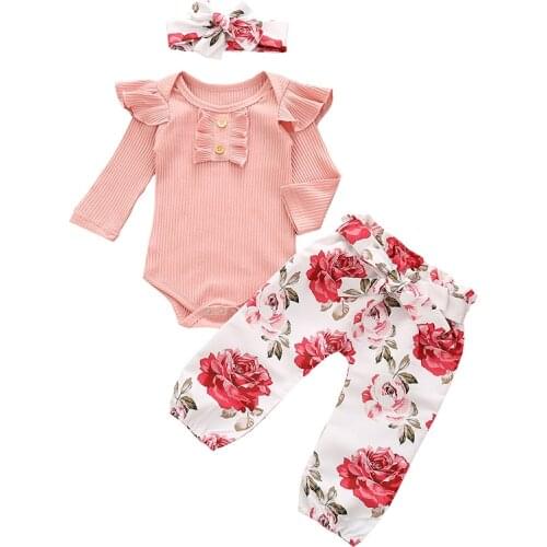 Newborn Baby Knitted Bodysuit Baby Girl Clothes Long Sleeve Romper Childrens Clothing Set With Floral Print Pants Headband