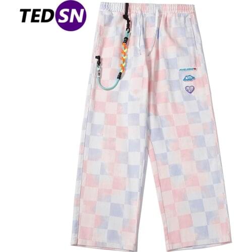 2021 Spring Oversized Straight-Leg Retro Style Harajuku Mens Trousers Color contrast Plaid Tie Dye Hip-Hop Casual Street Pants