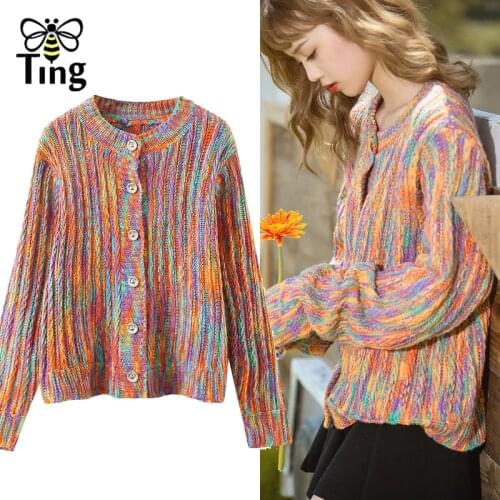 Tingfly New Striped Rainbow Color Knitted Cardigans Casual Women Single Breasted Mutil Color Knitting Sweater Christams Sweaters