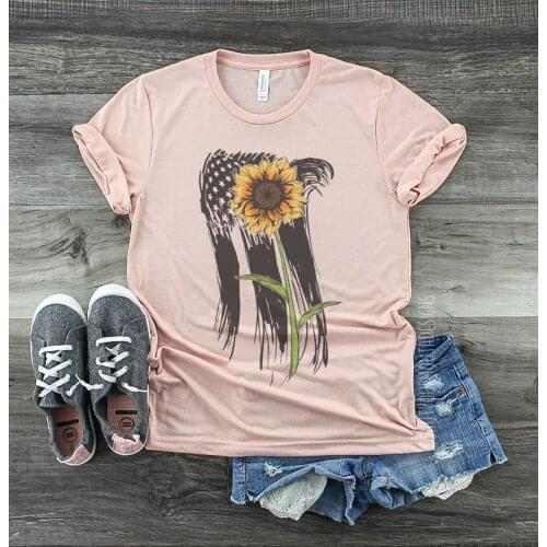 Womens Sunflower Patriotic Shirt Christian Streetwear Female Clothes Cotton Funny Letter print Graphic O neck Ladies Top Tees