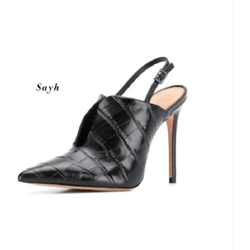 Women 10CM High Heels Pumps Slingbacks Stilettos Pointed Toe Female Mid High Heel Shoes Leather Sandals Party Shoes size plus