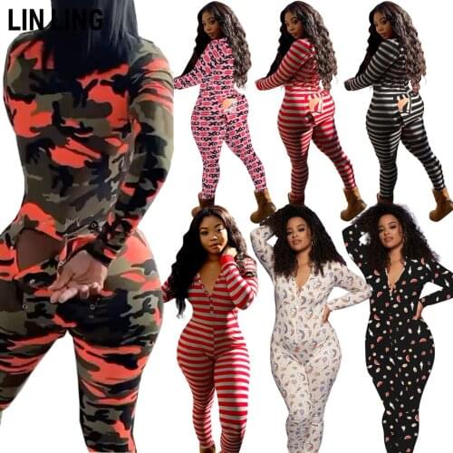 LINLING Deep V High Waist Skinny Long Sleeve Dark Button Stripe Multicolor Printing Pattern Home Casual Jumpsuit