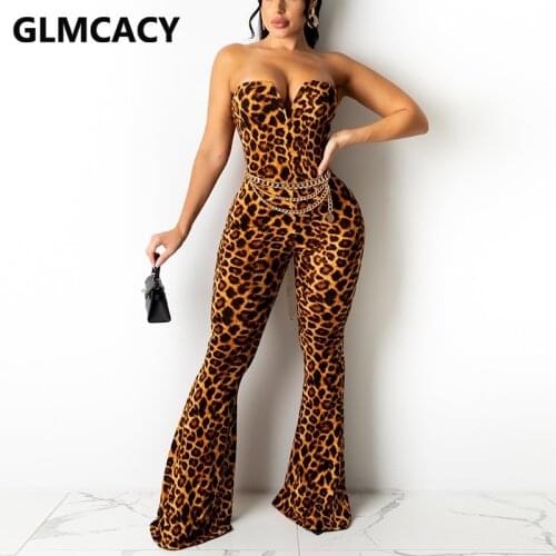 Women Off Shoulder Leopard Tube Jumpsuit Slim Flare Pants Overalls