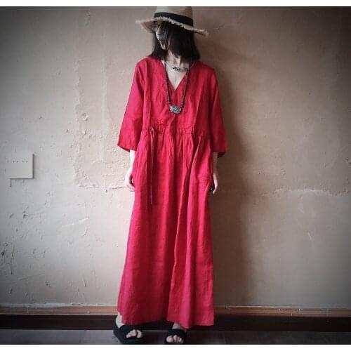 Women Solid Color V Neck Linen Dress Ladies Loose Retro Flax Dresses Female 2021 Summer Autumn Dress