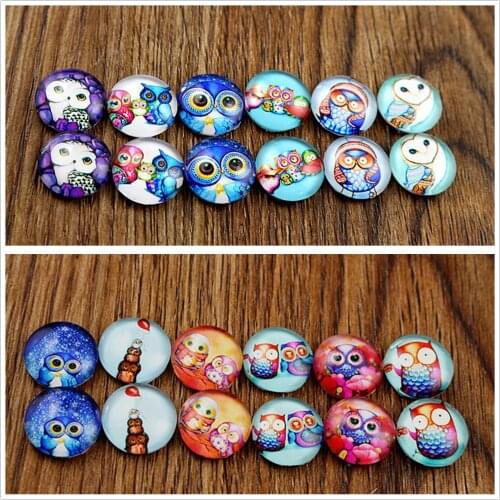 12pcs/lot (One Set) Two Style 12mm Owl Handmade Glass Cabochons Pattern Domed Jewelry Accessories Supplies