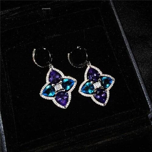 2021 Trendy Pink Flower Earrings Inlaid Stones Lady Accessories Vintage Blue Yellow Petal Drop Earrings For Women Jewelry Gift