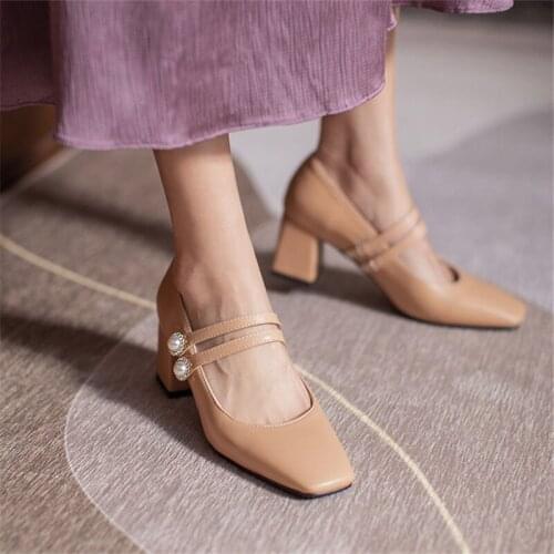 2021 High Quality Fashion Women Pumps Spring Comfortable High Heels Shoes Woman Pearl Ankle Strap Pumps Party Office beige