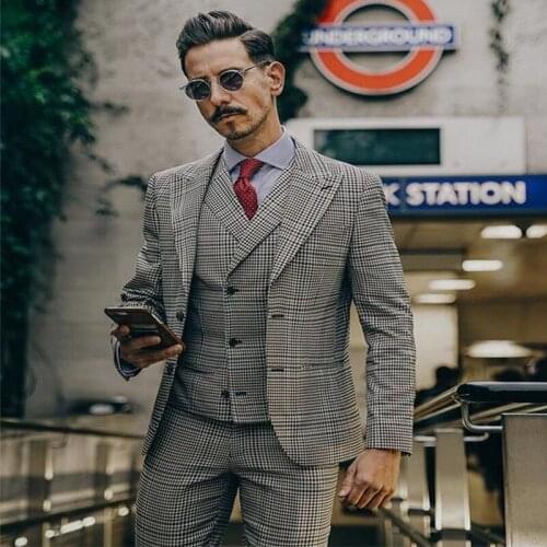 3 Pieces Slim Fit Glen Plaid Mens Suit Two Buttons Peaked Lapel Wedding Tuxedos Custom Made Blazer and Pant