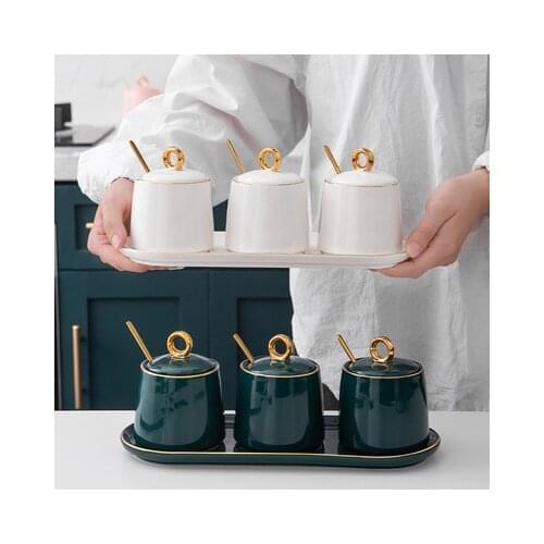 Kitchen seasoning tool sugar bowl creative dark green ceramic seasoning jar set household lidded salt shaker seasoning box