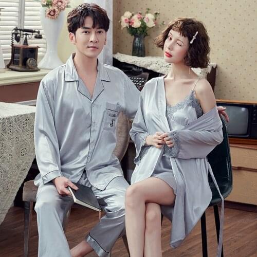 Summer Couples Pajamas Set Cute Rayon For Women Robe Sets Men Satin Sleepwear Pyjamas Suit Home Clothing Sleep